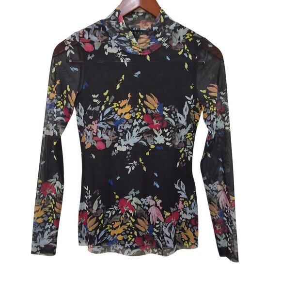 Ted Baker Amanda Black Floral Mesh Top Funnel Neck Long Sleeve Sz XS Maximalism - Picture 3 of 7